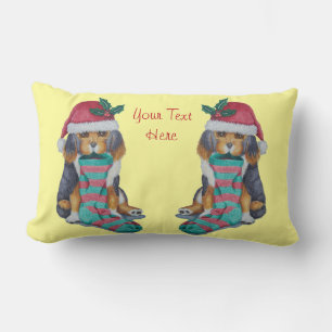 cute black and brown puppy with christmas stocking lumbar pillow