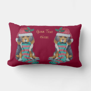 cute black and brown puppy with christmas stocking lumbar pillow