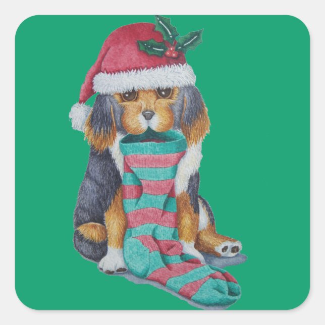 cute black and brown puppy with christmas stocking square sticker (Front)