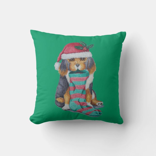 cute black and brown puppy with christmas stocking throw pillow (Front)