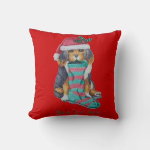 cute black and brown puppy with christmas stocking throw pillow