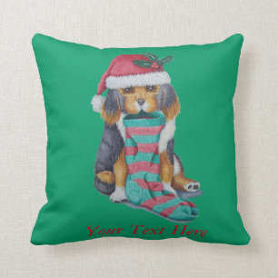 cute black and brown puppy with christmas stocking throw pillow