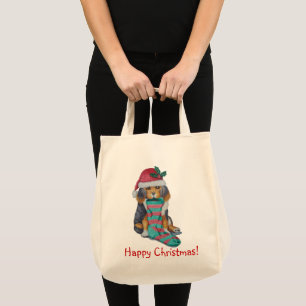 cute black and brown puppy with christmas stocking tote bag