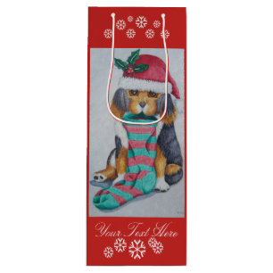 cute black and brown puppy with christmas stocking wine gift bag