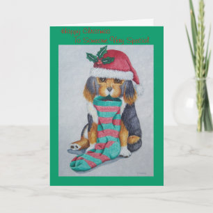cute black and brown puppy with stocking christmas holiday card