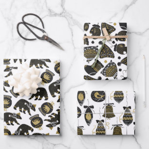 Cute Black and Gold Christmas Pattern s Wrapping Paper Sheet