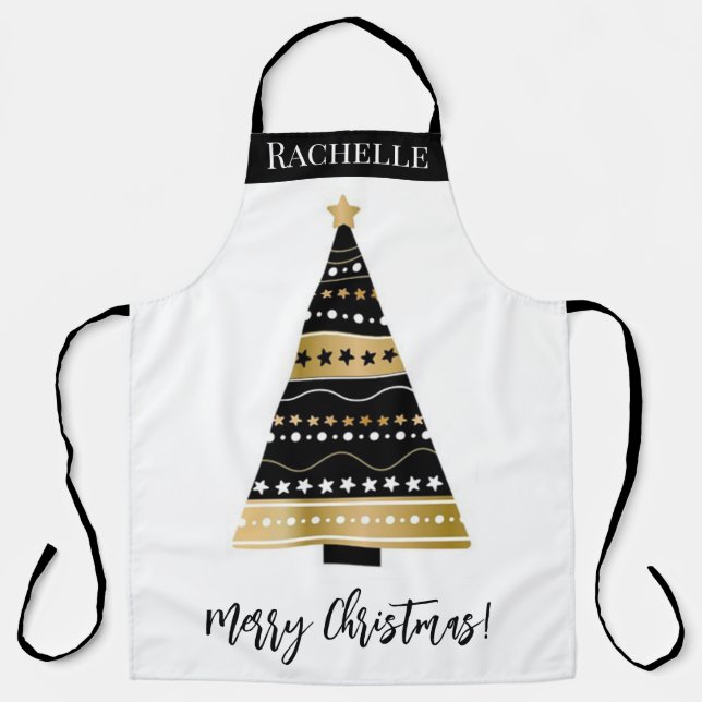 Cute Black and Gold Christmas Tree Custom Apron (Front)