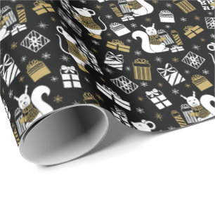 Cute Black and Gold Christmas Woodland Critters Wrapping Paper