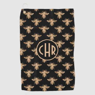 Cute Black And Gold Queen Bee Monogram Golf Towel