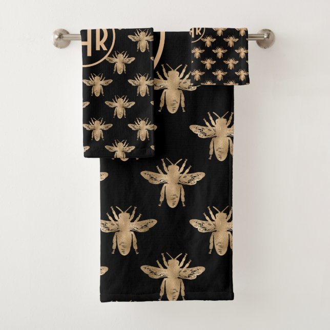Cute Black And Gold Queen Bee Monogram Shower Curt Bath Towel Set (Insitu)