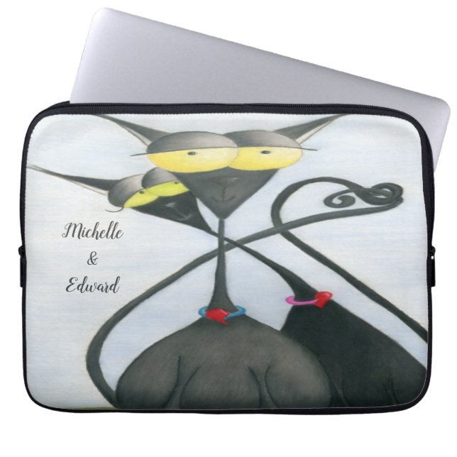 Cute Black and Grey Cat Cartoon Laptop Sleeve (Front)