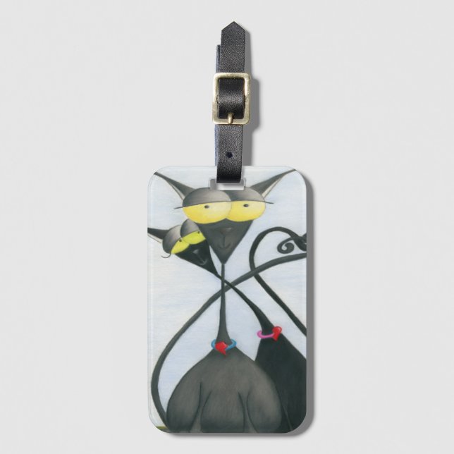 Cute Black and Grey Cat Cartoon Luggage Tag (Front Vertical)