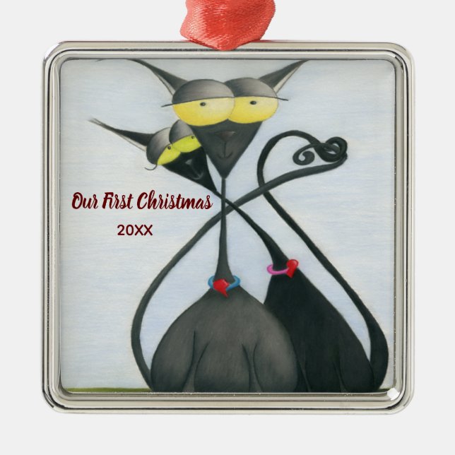 Cute Black and Grey Cat Cartoon Metal Ornament (Front)