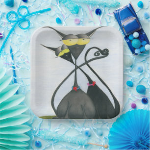 Cute Black and Grey Cat Cartoon Paper Plate