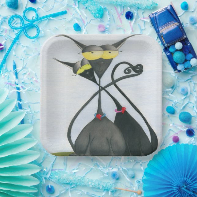 Cute Black and Grey Cat Cartoon Paper Plate (Party)
