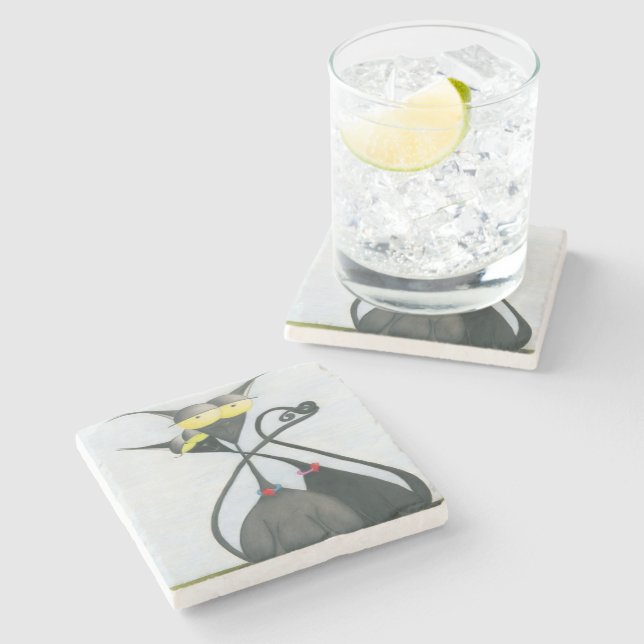 Cute Black and Grey Cat Cartoon Stone Coaster (Side)