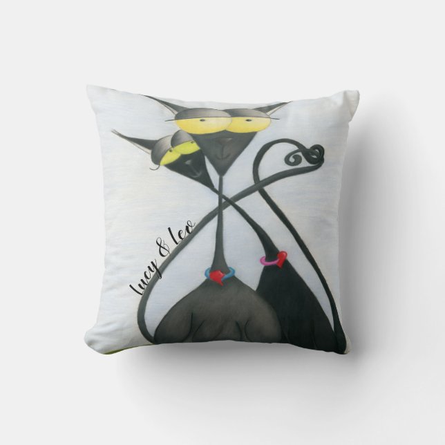 Cute Black and Grey Cat Cartoon Throw Pillow (Front)