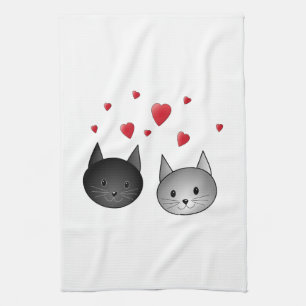 Cute Black and Grey Cats, with Hearts. Kitchen Towel