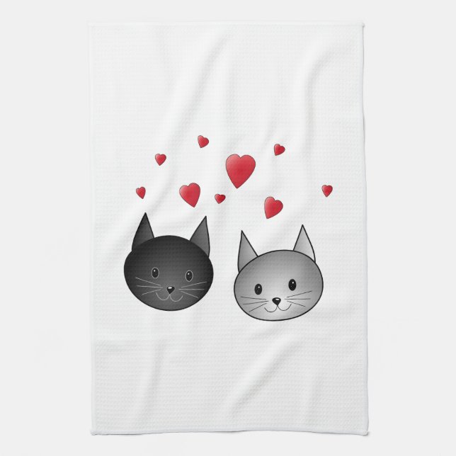 Cute Black and Grey Cats, with Hearts. Kitchen Towel (Vertical)