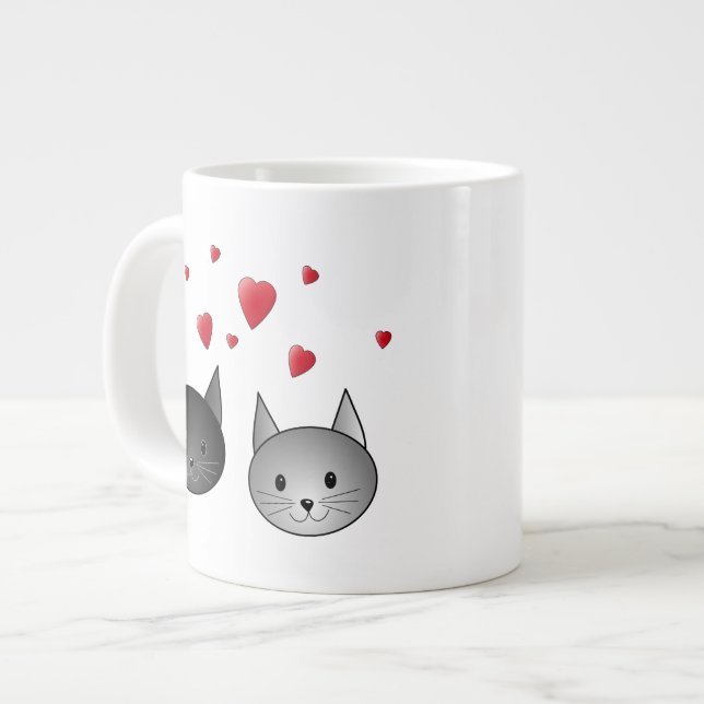 Cute Black and Grey Cats, with Hearts. Large Coffee Mug (Front Left)