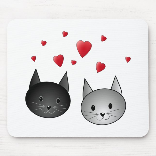 Cute Black and Grey Cats, with Hearts. Mouse Pad (Front)