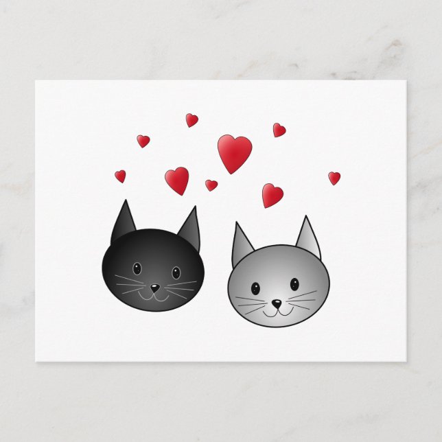 Cute Black and Grey Cats, with Hearts. Postcard (Front)