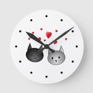 Cute Black and Grey Cats, with Hearts. Round Clock