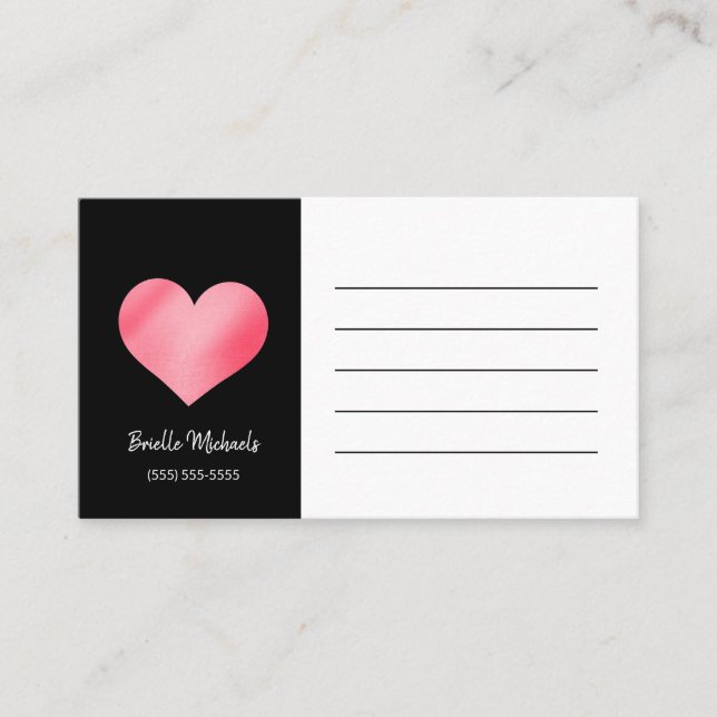 Cute Black and Pink Heart Contact Visiting Card (Front)