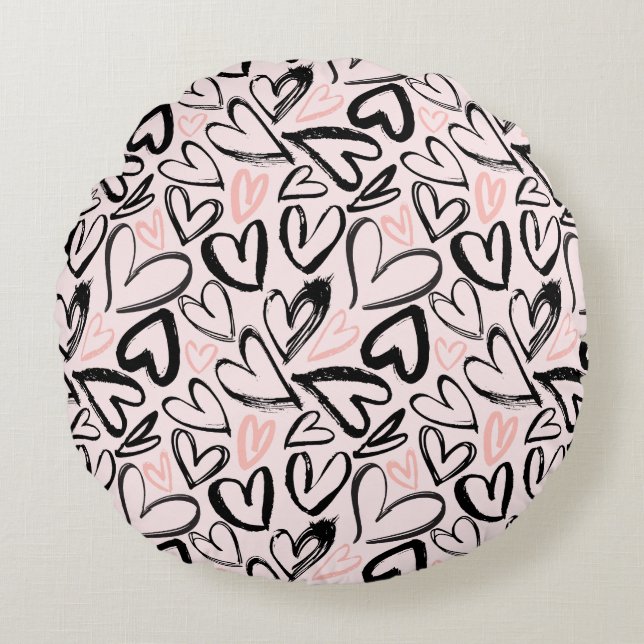 Cute black and pink valentines day hearts round pillow (Front)