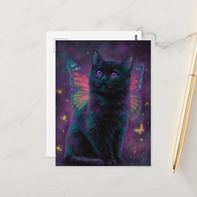 Cute Black and Purple Cat Fairy Postcard (Front/Back In Situ)