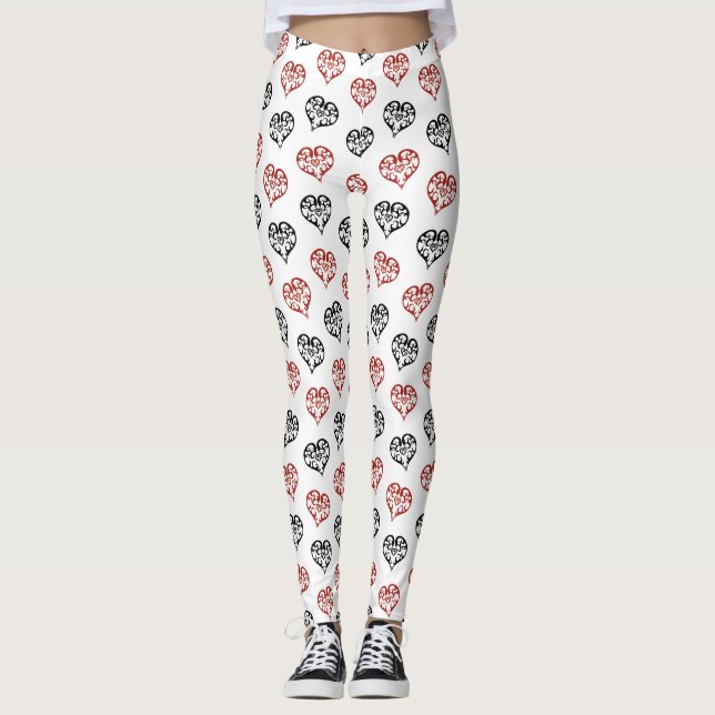 Cute Black and Red Blazing Heart pattern Leggings (Front)
