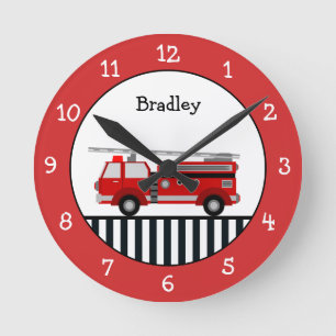 Cute Black and Red Fire Truck Personalized Round C Clock