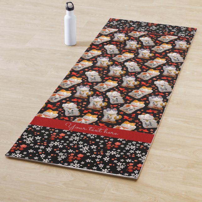 Cute Black and Red Japanese Lucky Cat Yoga Mat (In Situ)