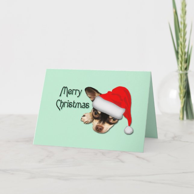 Cute Black and Tan Chihuahua Santa Hat Christmas Card (Front)