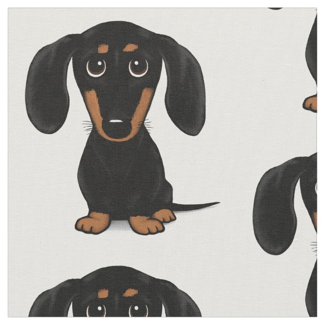Cute Black and Tan Dachshund | Cartoon Wiener Dog Fabric (Close Up)