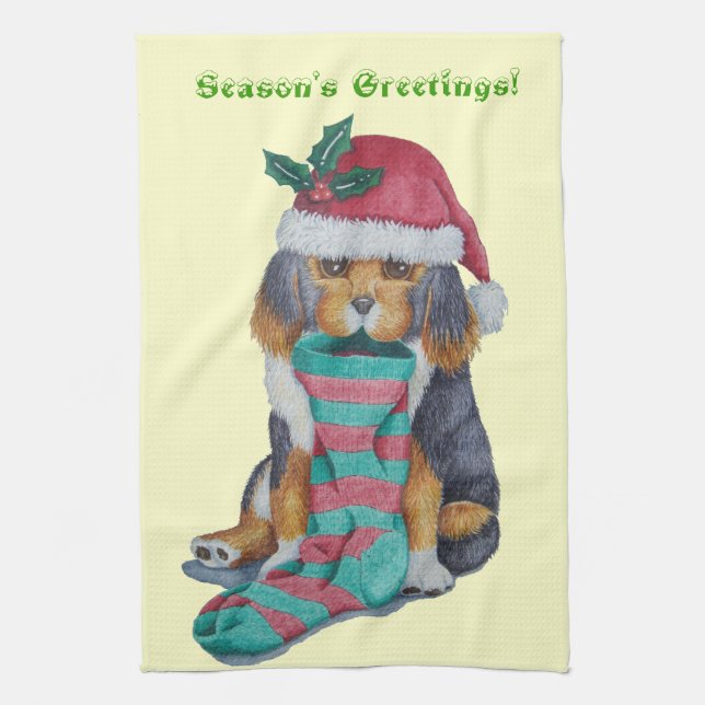 cute black and tan puppy with christmas stocking kitchen towel (Vertical)