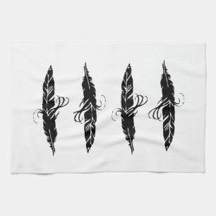 Cute Black and White Boho Feather Pattern Kitchen Towel