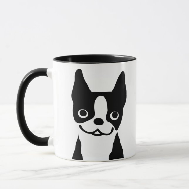 Cute Black and White Boston Terrier Cartoon Dog Mug (Left)