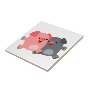 Cute Black and White Cartoon Pigs Tile