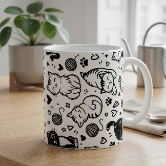 Cute Black and White Cat Doodle Pattern Coffee Mug