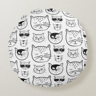 Cute Black and White Cat Faces Pattern Round Pillow