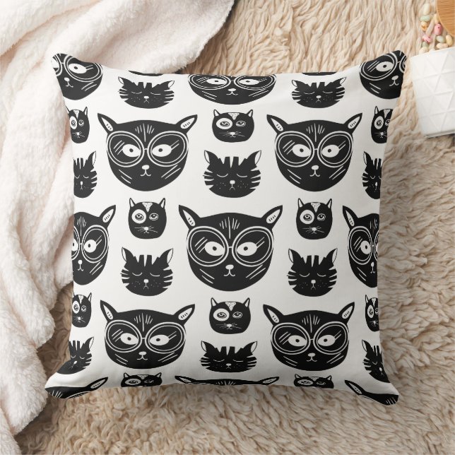 Cute Black and White Cat Faces Pattern Throw Pillow (Blanket)