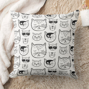 Cute Black and White Cat Faces Pattern Throw Pillow