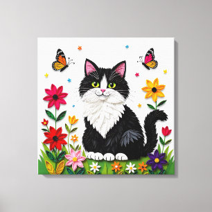 Cute Black and White Cat, Flowers and Butterflies Canvas Print