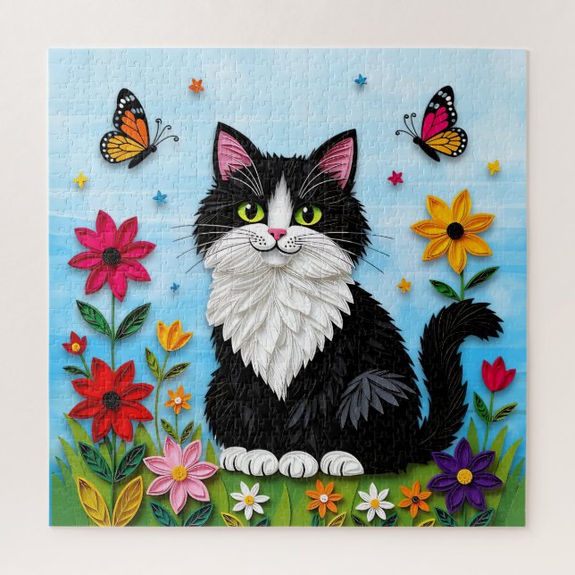 Cute Black and White Cat, Flowers and Butterflies Jigsaw Puzzle (Vertical)
