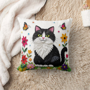Cute Black and White Cat, Flowers and Butterflies Throw Pillow