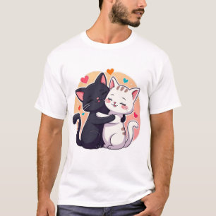 Cute Black and White Cat Hug Love Hearts T-Shirt