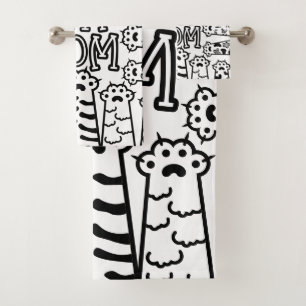 Cute Black and white cat mom with cat paws Bath Towel Set