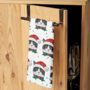 Cute Black and White Cat With Santa Hat Christmas Kitchen Towel