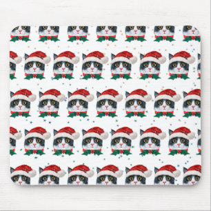Cute Black and White Cat With Santa Hat Christmas Mouse Pad
